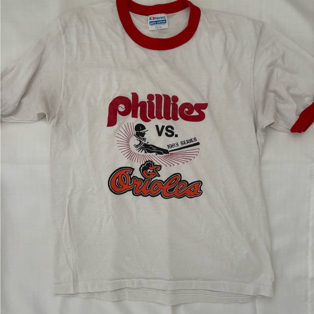 Hanes White Ringer Tee with Red Trim and Phillies vs. Orioles Graphic